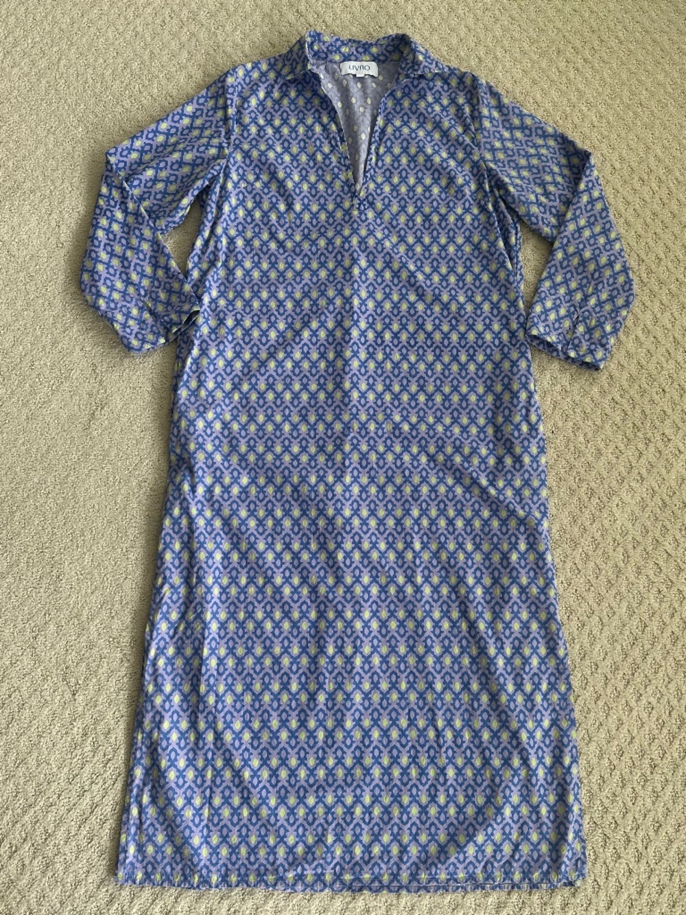 LIVRO Classic Collared Caftan Midi Dress Small Geometric Print Boho Coastal
